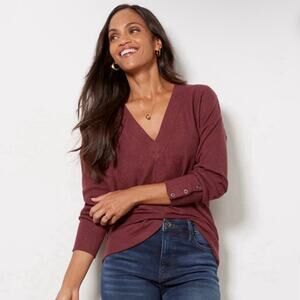 Evereve Caden Pullover Merlot Burgundy Ribbed Long Sleeve VNeck Top Size Medium